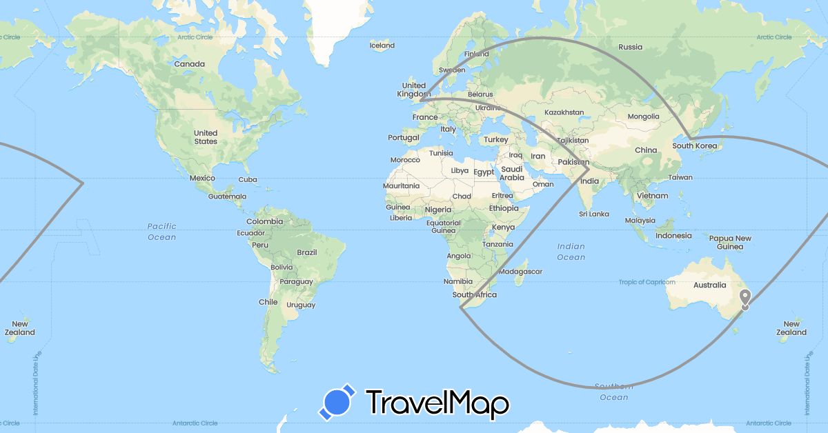 TravelMap itinerary: driving, plane in Australia, United Kingdom, India, North Korea, United States, South Africa (Africa, Asia, Europe, North America, Oceania)